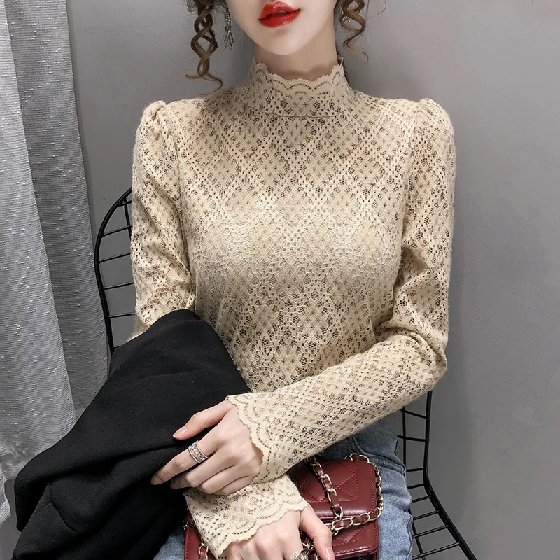 

2021 темпераментная блузка для ранней осени, Женская ажурная микро-прозрачная Полупрозрачная кружевная Базовая Блузка с воротником, тонкая в...