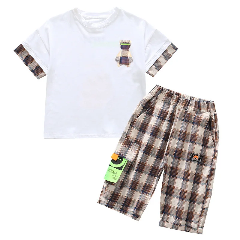 

Kids 2pcs boys summer cotton plaid pant suit new short-sleeved T-shirt new big virgin shirt 4-12 years old