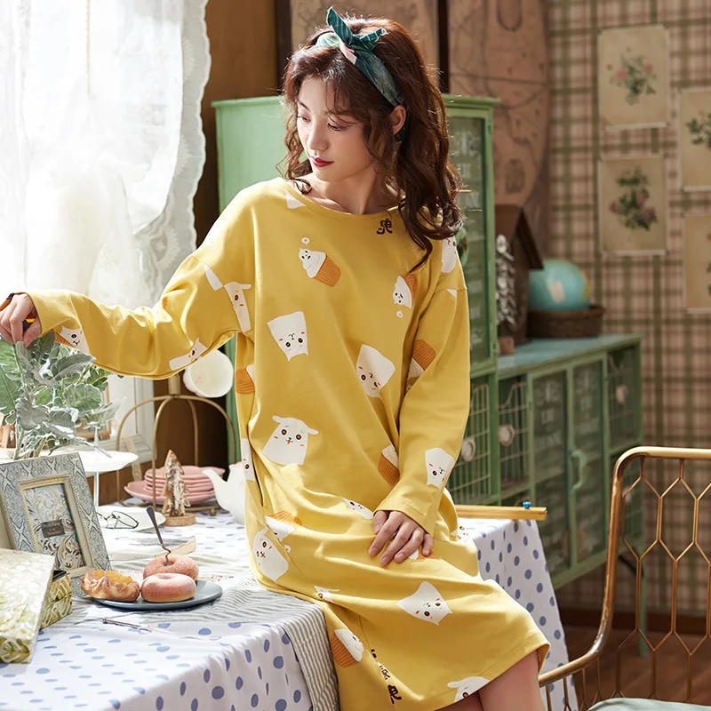 2021Spring and Autumn New Women's Nightdress Long Sleeve Cute Home Nightdress Home Service Sleep Tops Night Gown Sleepwear Women