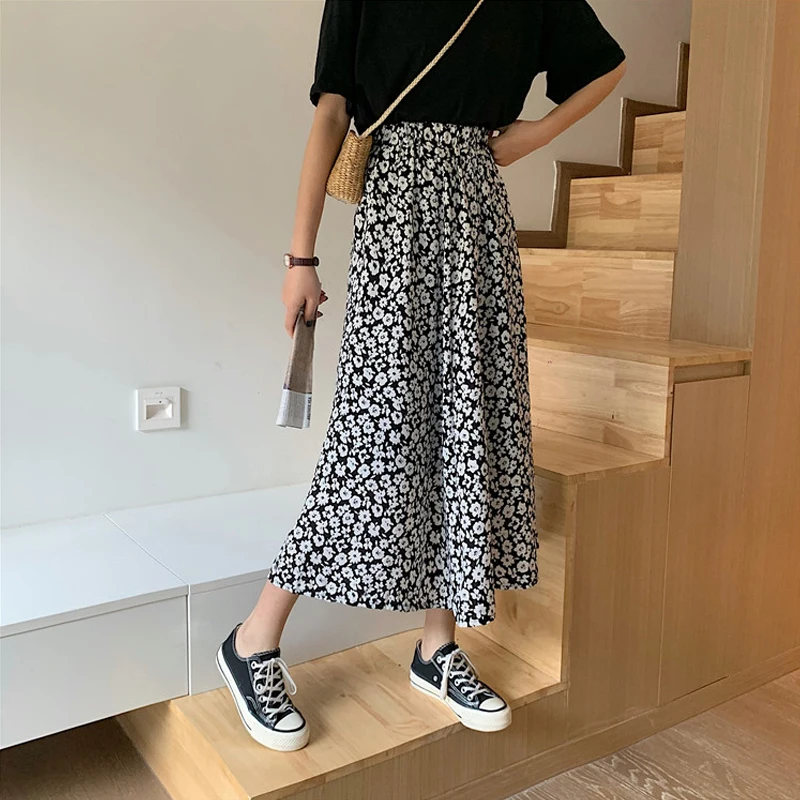 

2021 Summer Women's Korean Style Floral Midi Skirts A-line Elastic High Waist Loose Vintage OL Long Skirts Spring Lady B13805X