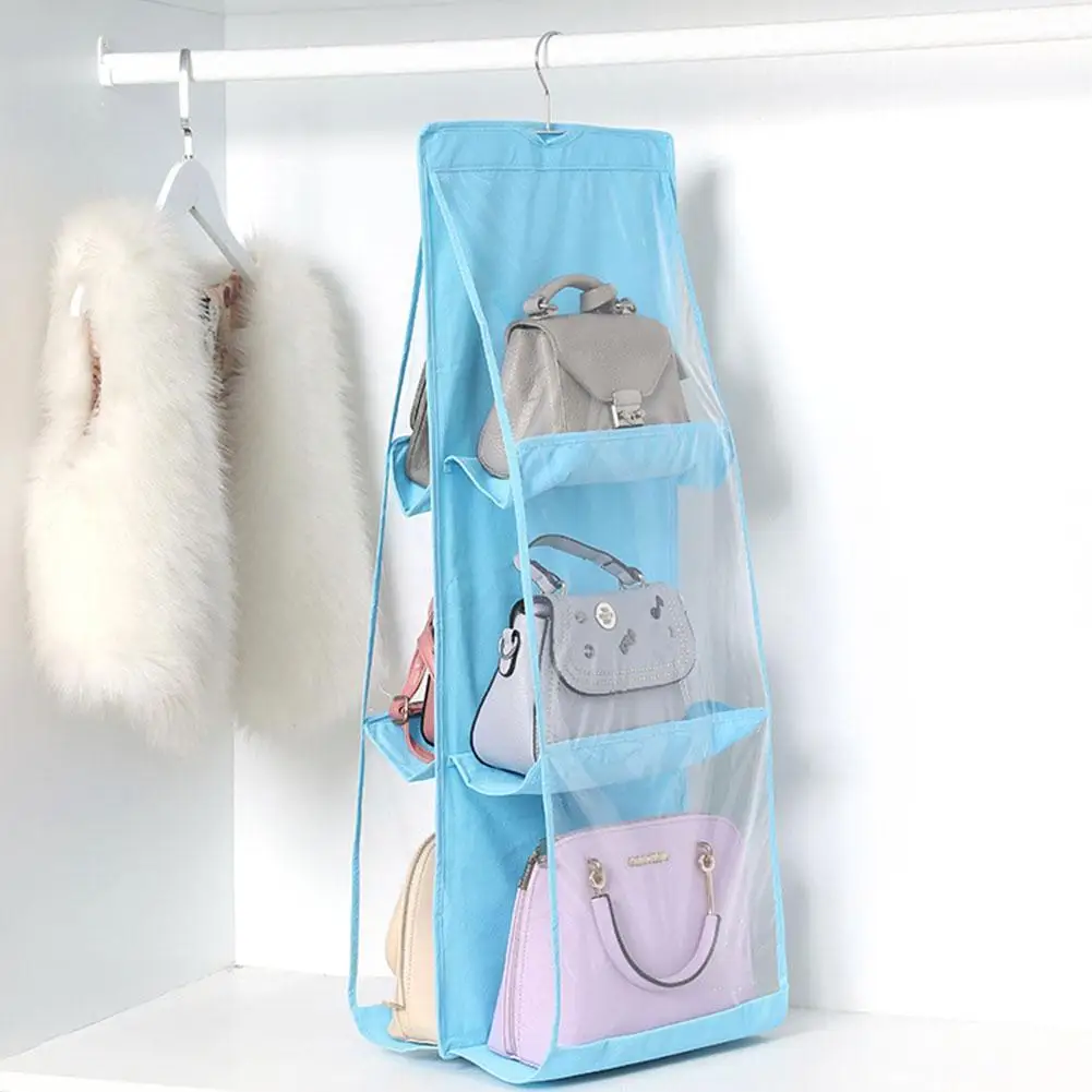 

6 Pockets Hanging Closet wardrobe organizer Clear Foldable Storage Handbag Bag Bags Purse Three-dimensional J2C8