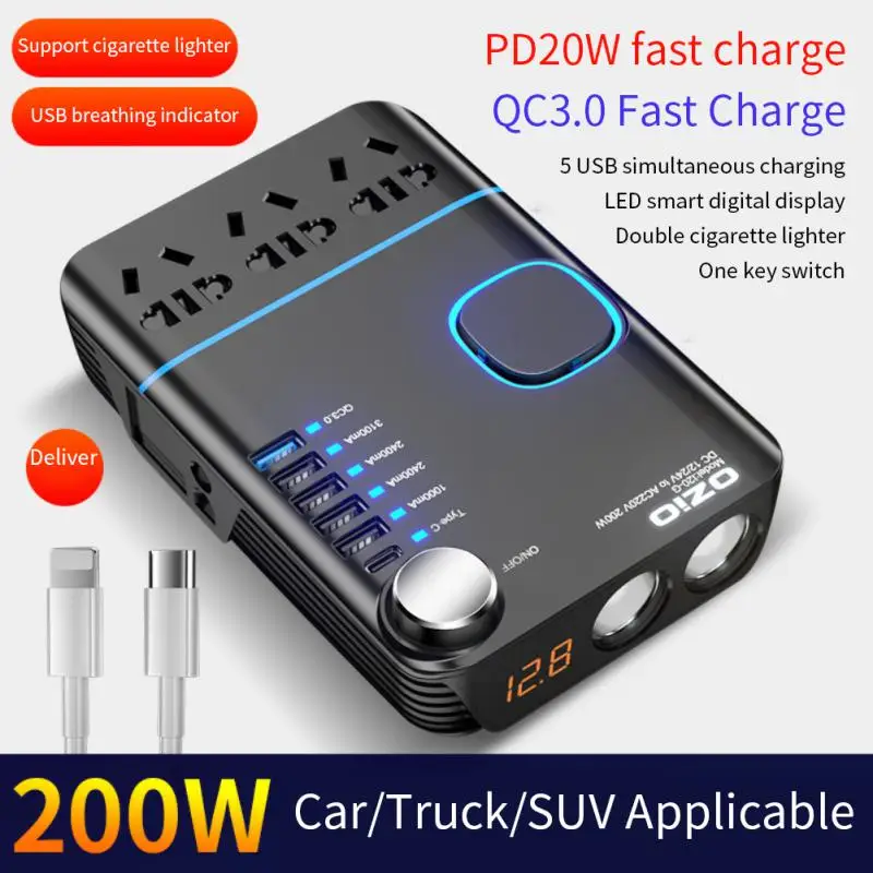 

Модернизированный умный автомобильный инвертор 12 В/24 В до 220 В, бытовой преобразователь питания, многофункциональный цифровой дисплей, заря...