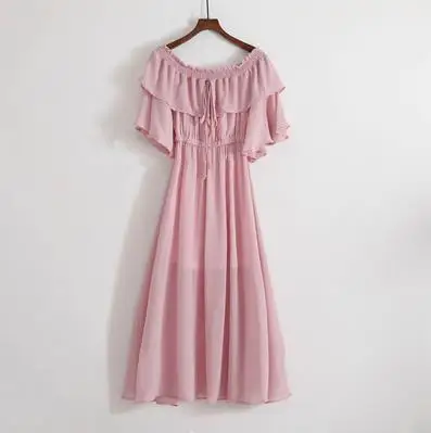 Французское Макси-платье, сексуальное, растягивающееся, с вырезом лодочкой, без бретелек, шифоновое, женские платья с расклешенными рукавами, с оборками, феи, длинное платье, лето - Цвет: Pink