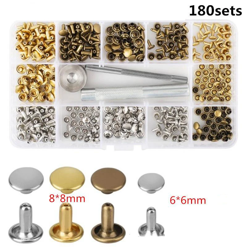 180 Pair/Set Round Leather Rivet And Installation Tool 6mm/8mm Iron Double Cap Studs For Luggage,Clothing Craft Bag Decor