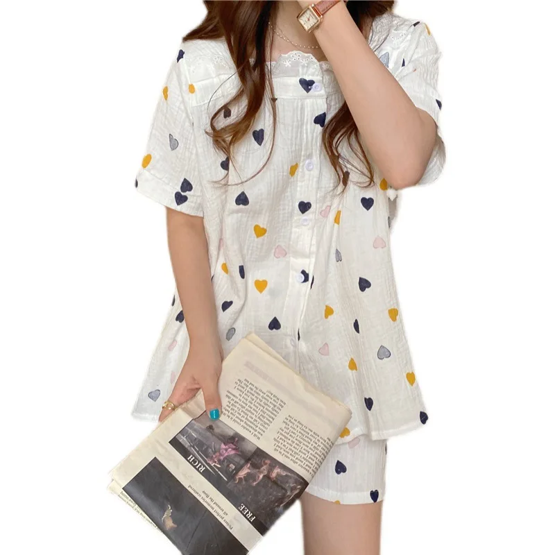

Marple summer pajamas Lace Patchwork Square Collar Women Colorful Heart Two Piece Home Suit Single Breasted pajamasa Set