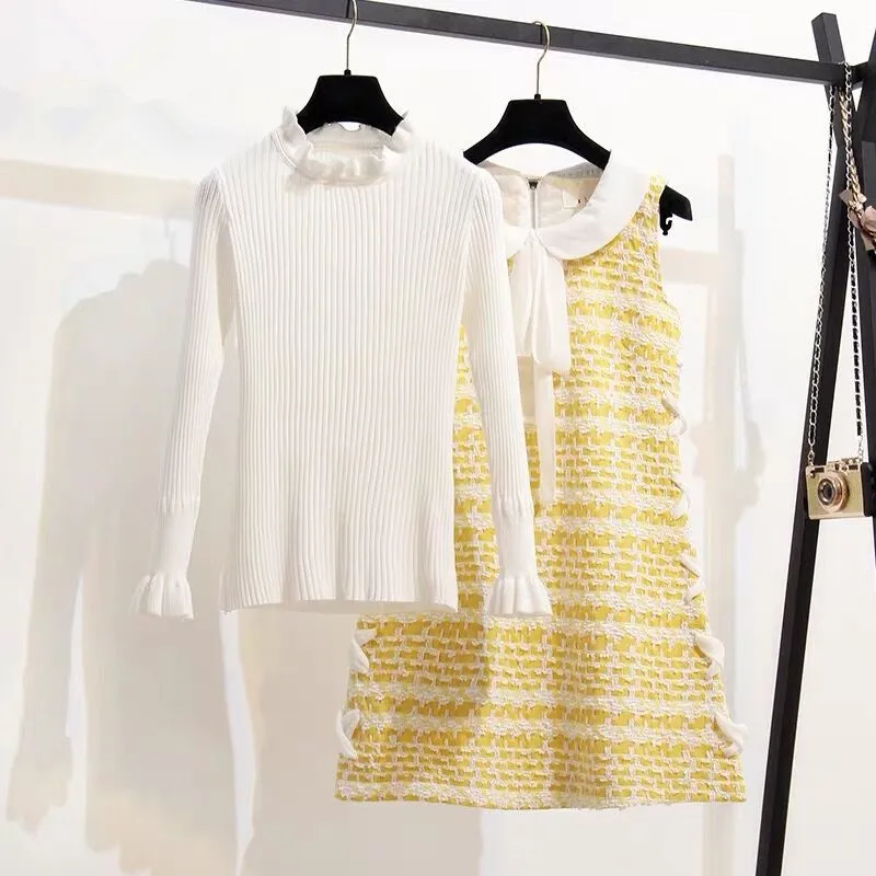 Осень-зима 2020 милое желтое клетчатое твидовое платье для девочек с круглым