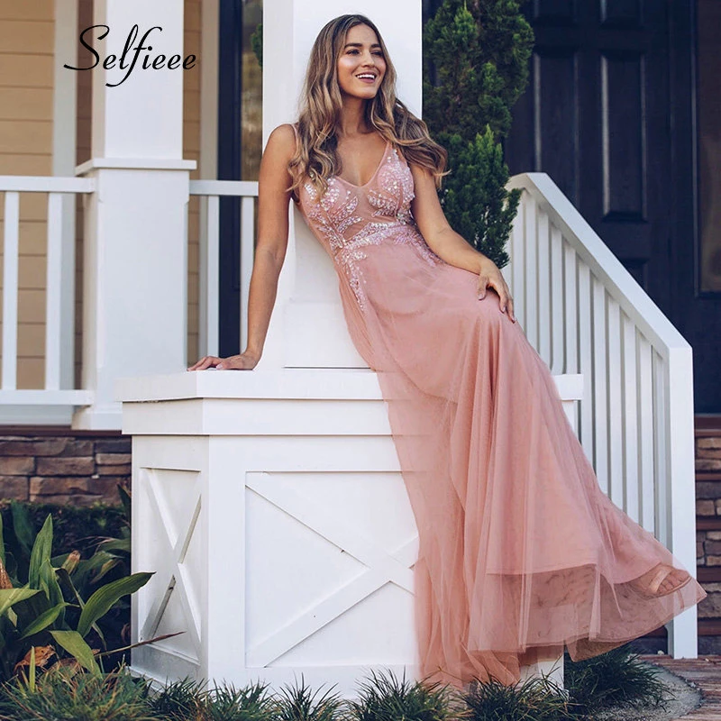 Сексуальное женское платье А-силуэта с V-образным вырезом без рукавов прозрачное