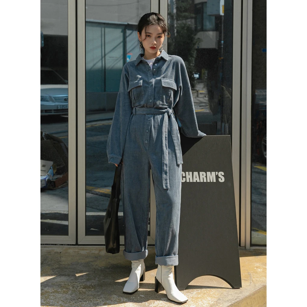 Женский вельветовый комбинезон в стиле Харадзюку свободный синий с длинными