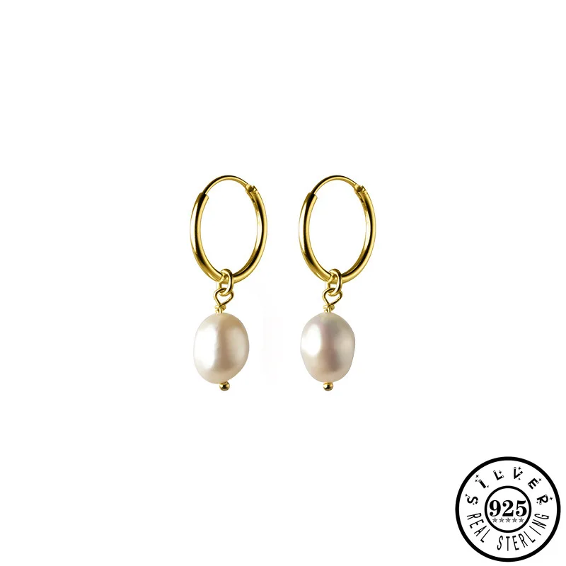 

925 Sterling Silver Unique Irregular Natural White Baroque Pearl Pendant Gold Color Plated Hoop Earrings Fine Jewelry for Women