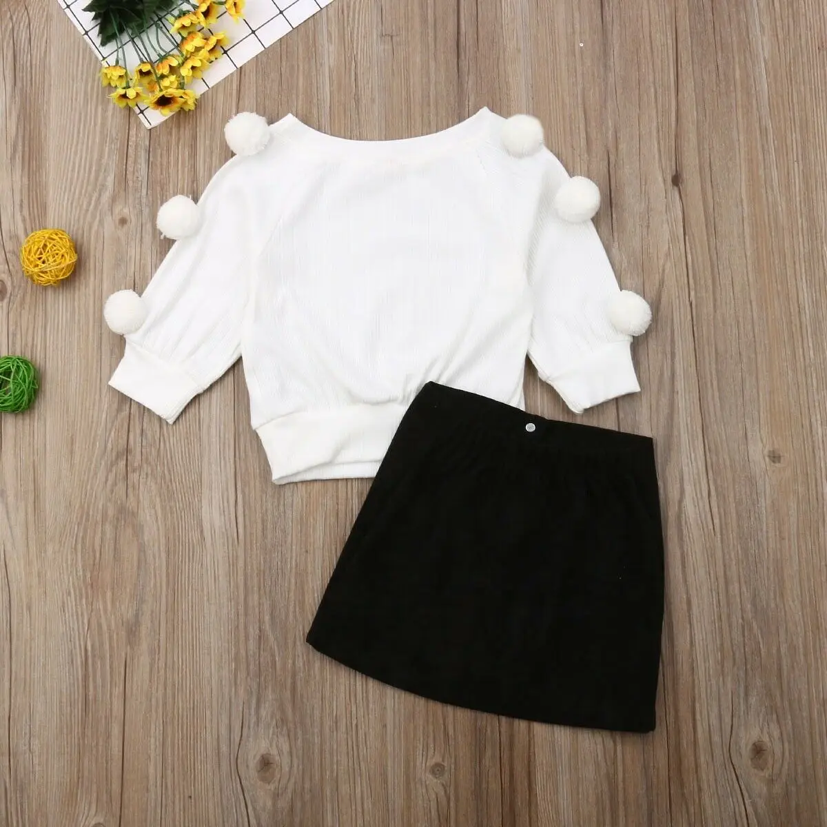 Autumn Winter Clothes Toddler Baby Girls Clothes Hairball Knit Tops+Button Mini Skirt Warm Outfits Sets Clothes 1-6Y