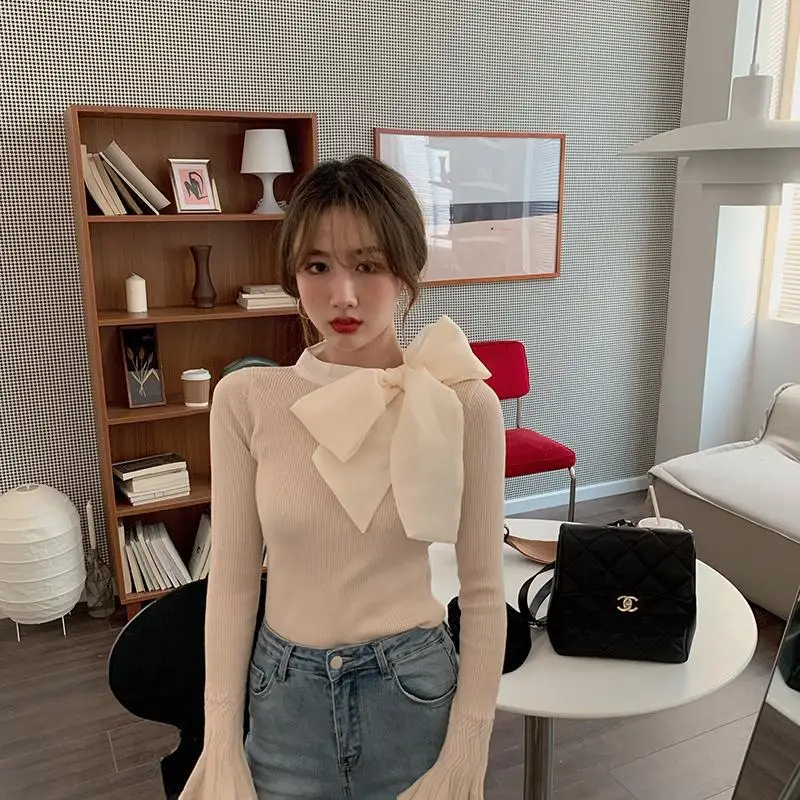 2 цвета весенне осенняя Однотонная рубашка с бантом блузки длинными рукавами