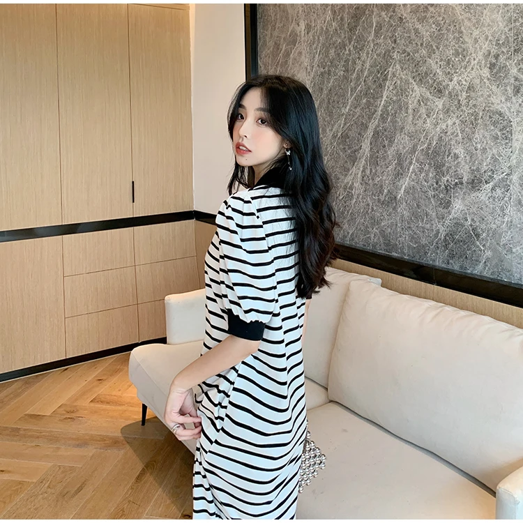 

Women's Dress Cotton Clothing Stripe Draw Back High Waist Korean Version Loose Summer Dresses Office Lady Mid-Calf Houthion