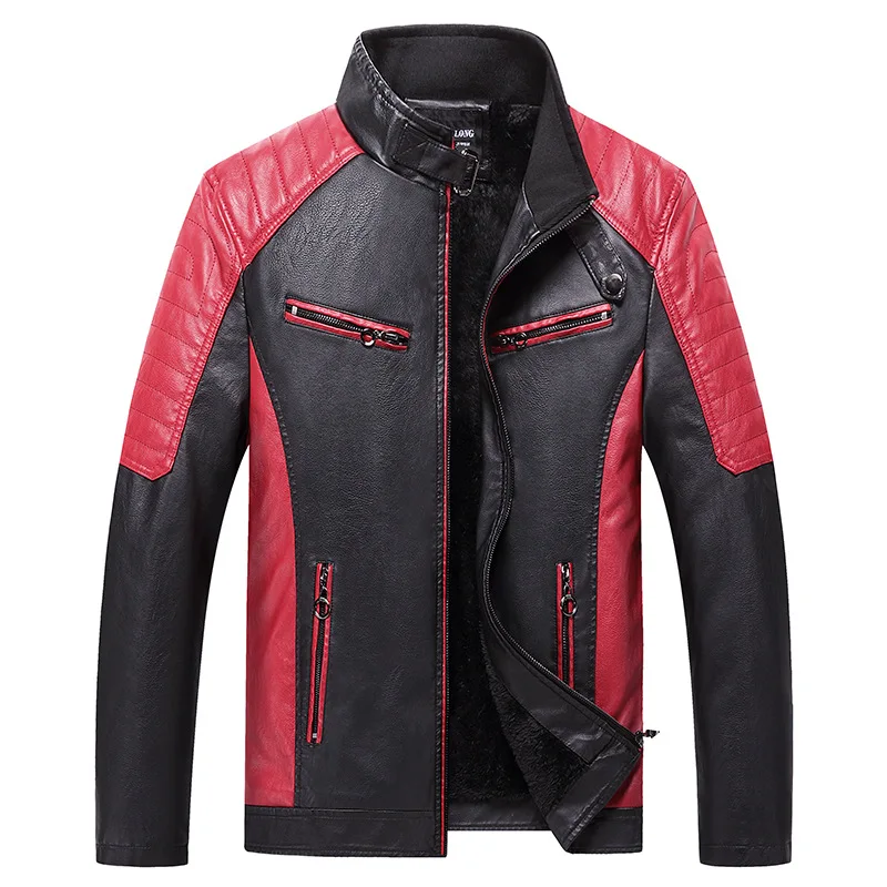 

2021 Men's Autumn Stand Collar Trendy Machine Leather Jacket Youth Dual-Color Patchwork Casual Leather Jacket