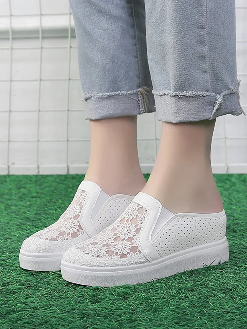 

Shoes Cover Toe Low House Slippers Platform Loafers Slides Slipers Women Fretwork Heels Flat 2021 Summer Cotton Fabric PU Casual