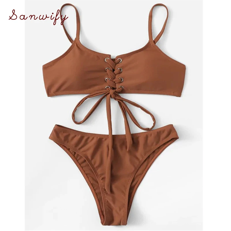 

Sexy Two Pieces Bikini Set Women Lace Up High Leg Bikini Swimwear Brown Bathing Swimming Suit For Women 2019