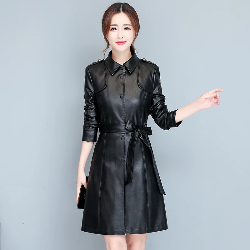 

Faux Leather Long Jacket Lapel Long Sleeves New Women Elegant Washed PU Leather Windproof Coat Casual Windbreaker Chic Outerwear