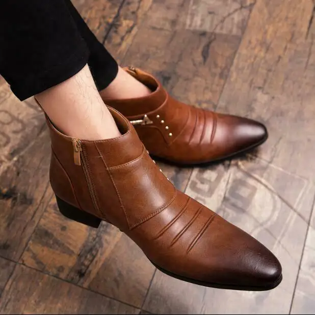 

Retro Mens Ankle Boots Side Zip Formal Business Pointed Toe Block Heels Shoes