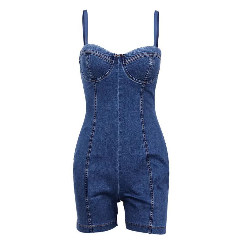 

2021 Summer New Zipper High Waist Women's Fashion Denim Sexy Tight-fitting Halter Hollow Tube Top Conjoined Shorts Suspender