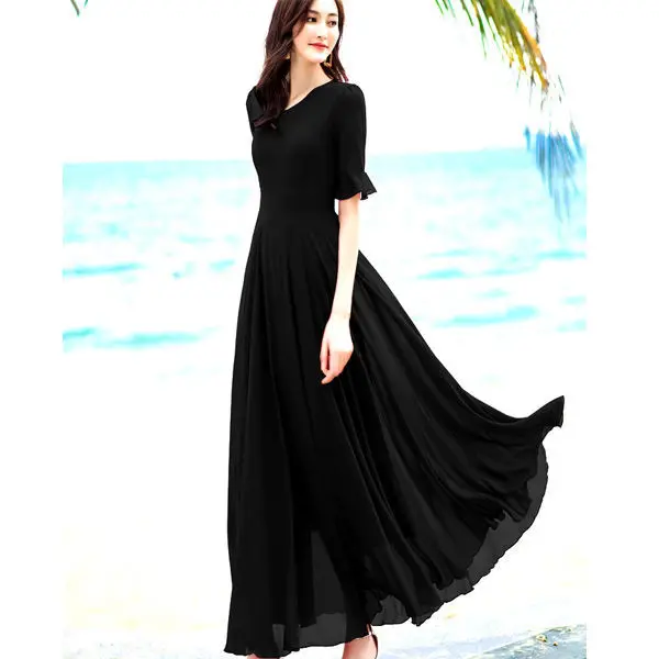 Платье женское шифоновое с V образным вырезом облегающее длинное пляжное модное