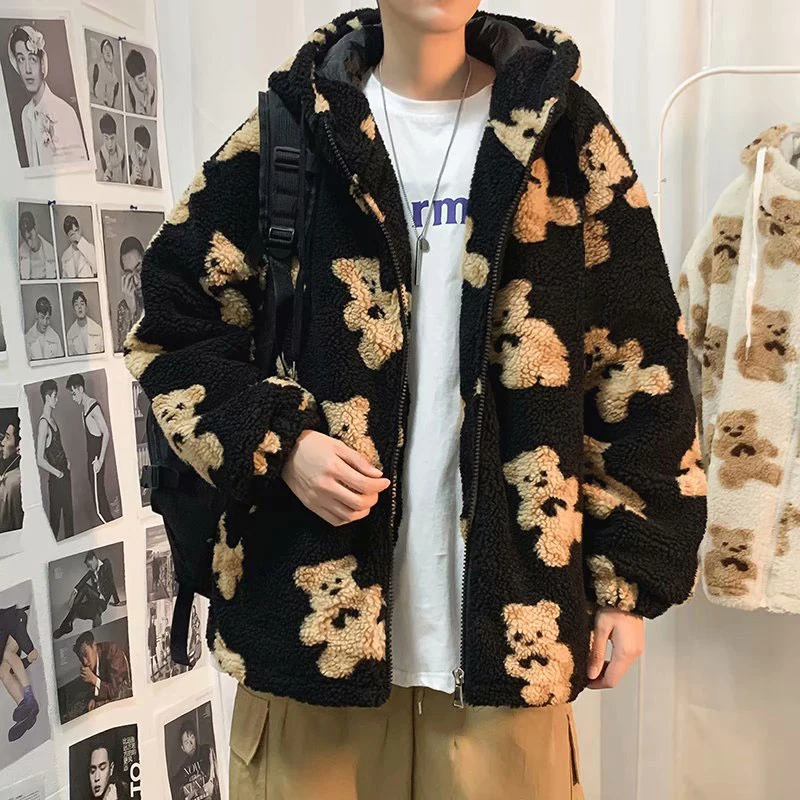 

Cartoon Bear Lamb Wool Mens Hooded Coat Casual Oversized Zip Up Sweatshirt Tops Winter Men Hoodie Jacket Cute Korean Outerwear