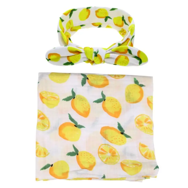 

2 Pcs Newborn Baby Cotton Receiving Blanket Headband Set Infant Print Swaddle Wrap Sleeping Bag Hair Band Kit