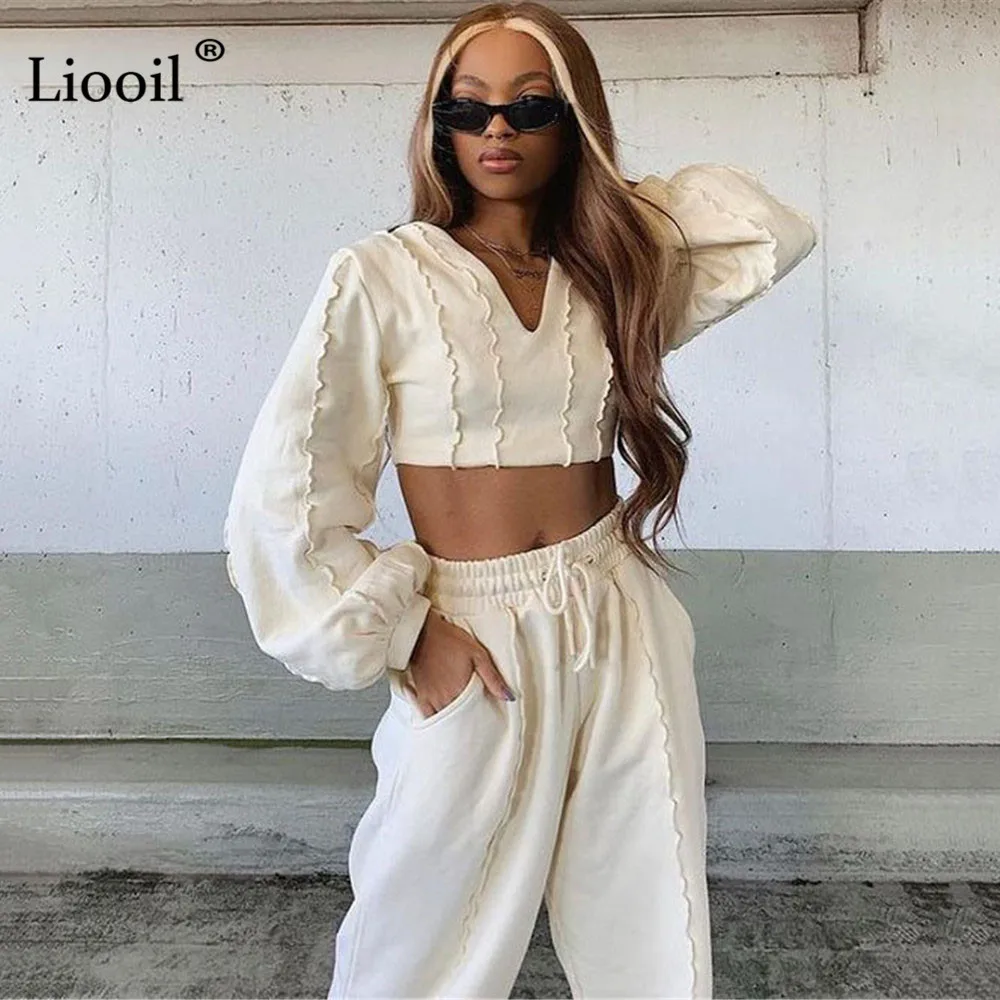 

2 Piece Tracksuit Set Women Short Sweatshirt Sexy Tops And Sweat Pants Pockets Long Sleeve V Neck Streetwear Jogger Female Sets