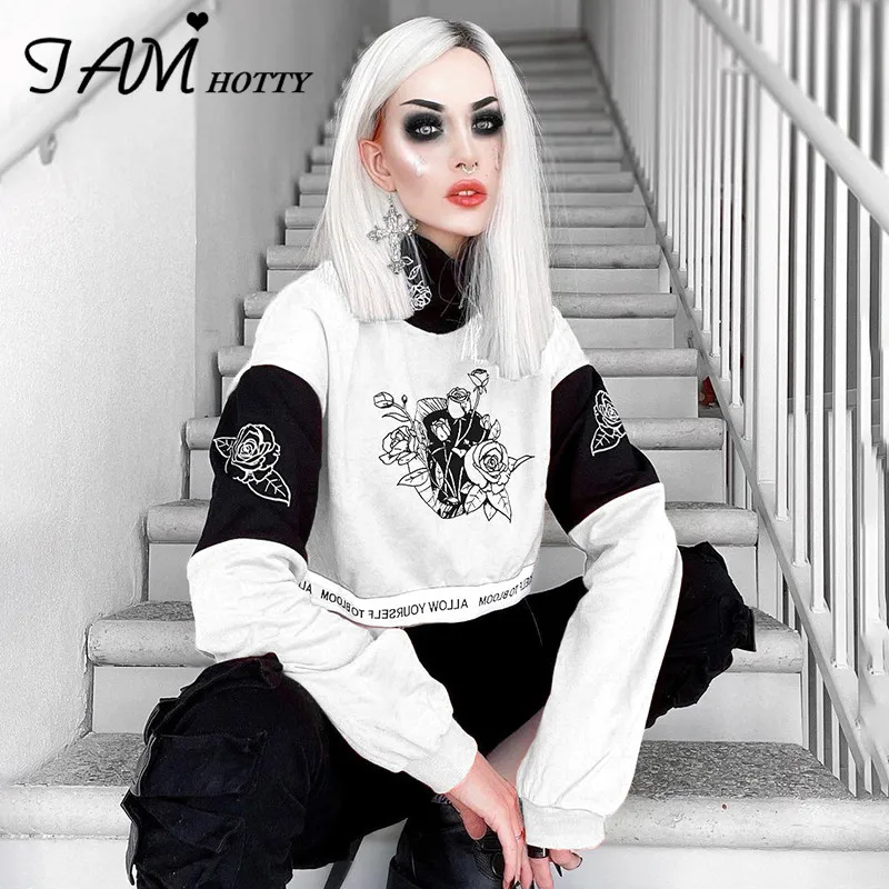 

IAMHOTTY Gothic Turtleneck Patchwork Pullovers Women Harajuku Loose Cropped Sweatshirt Y2K Cotton Tops Dark Academia Clothes New