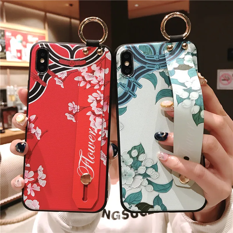 Розовый напульсник чехол для телефона Etui iPhone 11 Pro Мягкий ТПУ Цветок накладка держатель для телефона для iPhone 7 8 6 6S Plus X XS XR XSMax Funda