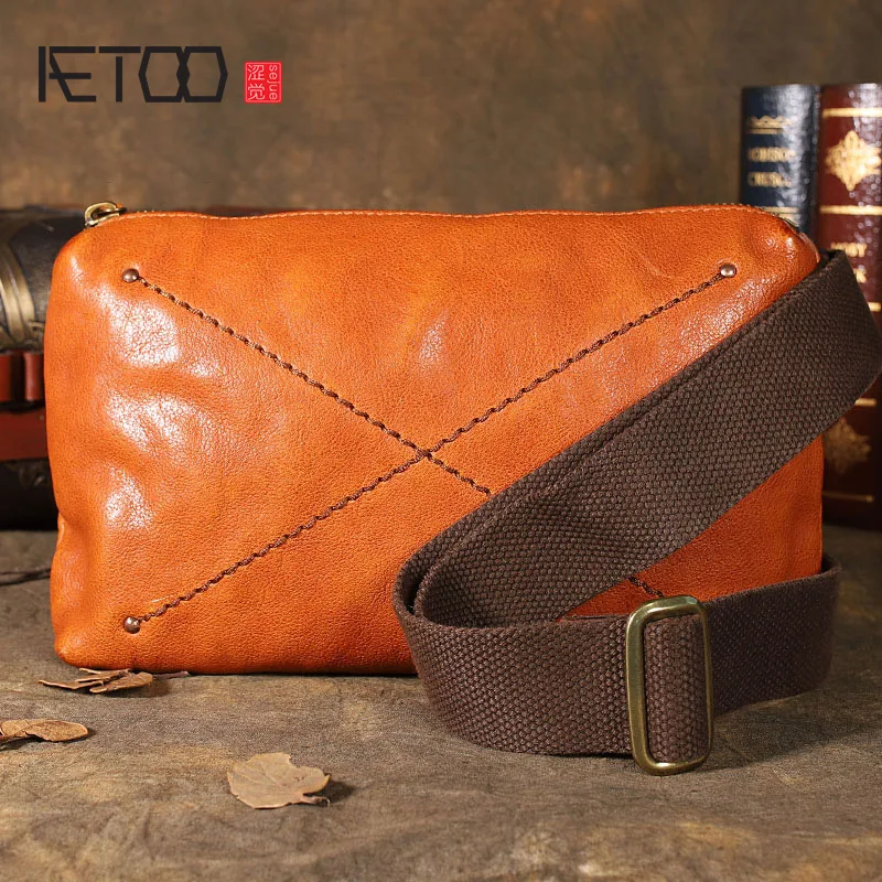 AETOO Vintage handmade first layer cowhide men's chest bag, mini casual messenger bag, youth trendy soft leather bag