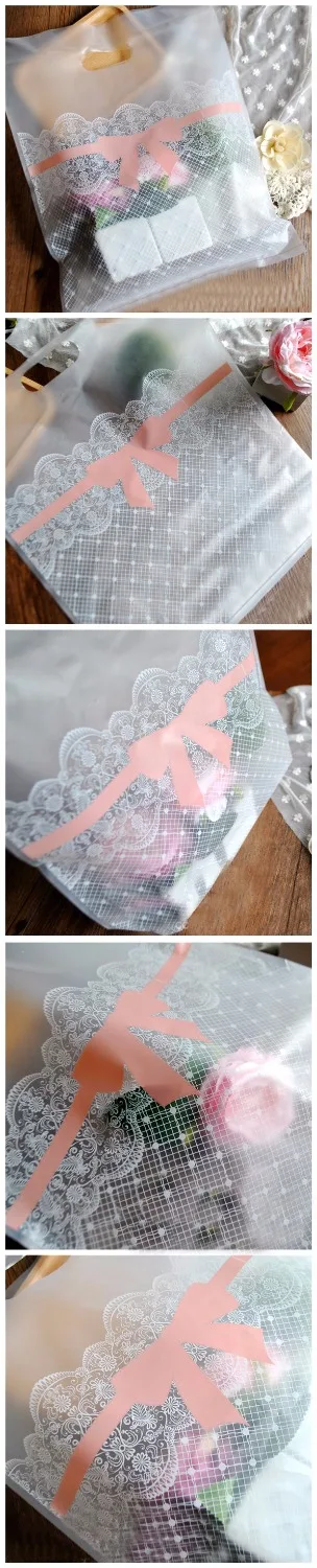 

Lace bowknot Plastic Shopping Bag with Handle Cloth Gift Packaging Pouches Frosted Package Handle Bag 50pcs/lot