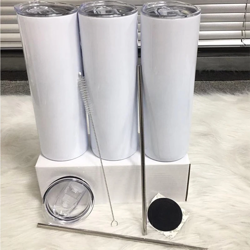 

7pcs/Lot 20oz White Sublimation Straight Skinny Tumbler With Metal Straw Straw Brush And Rubber Coaster Portable Water Bottle