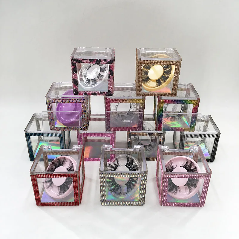 2022 New Arrivals Colorful Diamond Square Box Dramatic Fluffy 25mm Mink Eyelashes Custom Lash Boxes