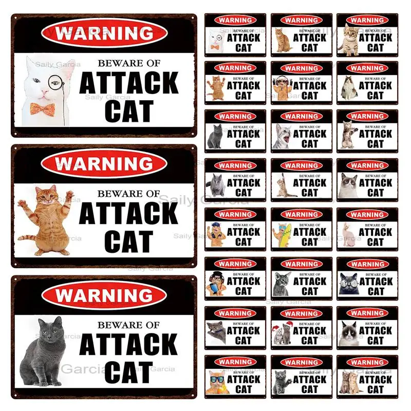 Warning Sign Pet Cats Tin Metal Beware Of Attack Cat Plates Wall Stickers Art Poster For Home Room Shop | Дом и сад
