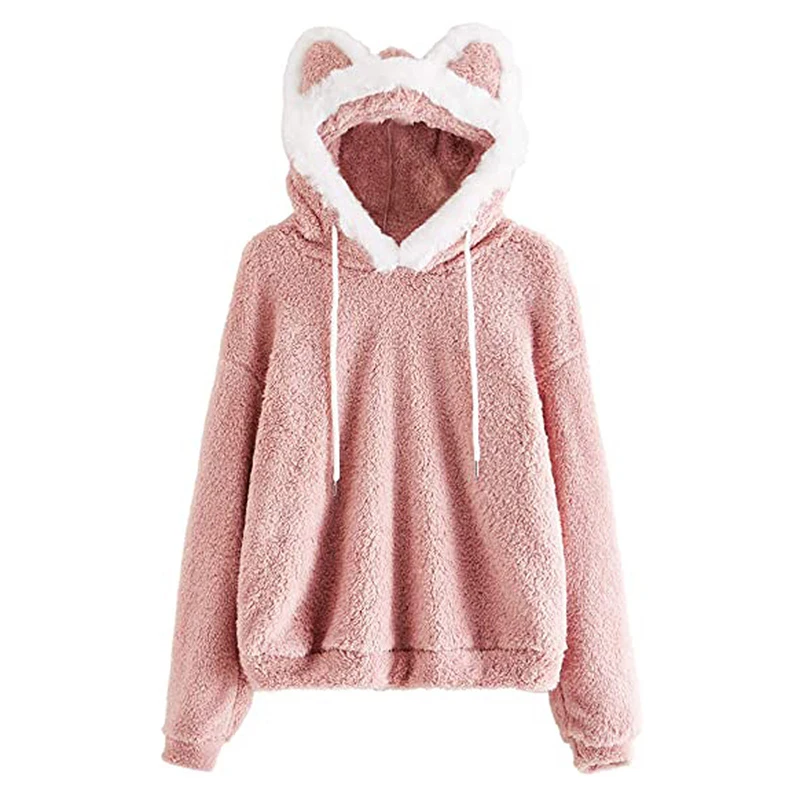 

Long Sleeves Loose Hoodie Autumn And Winter New Arrival Solid Color Splicing Hooded Cat Ears Casual Hedging Tops Urban Leisure