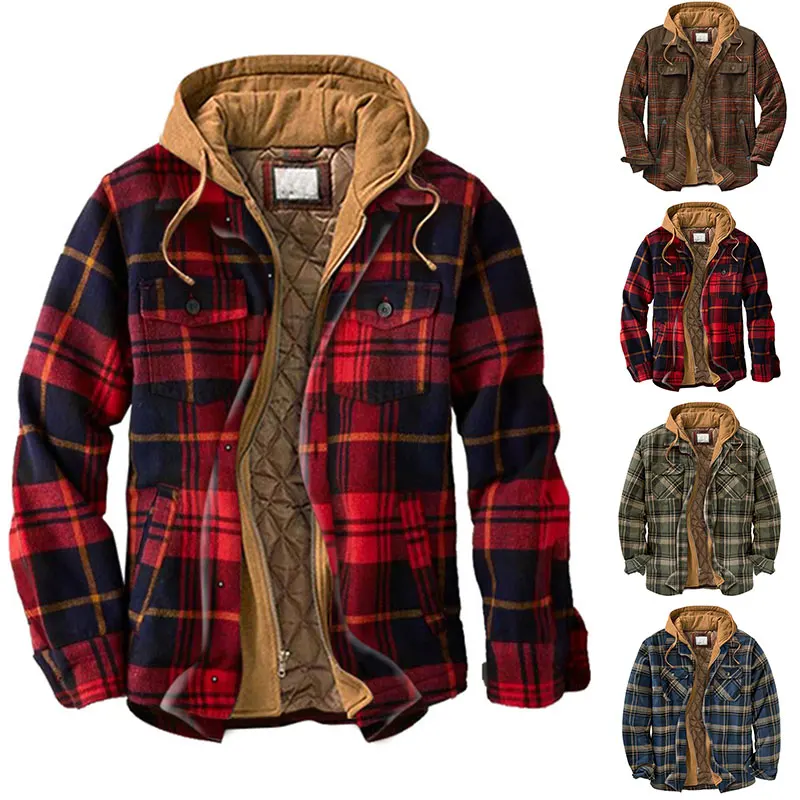 

Men's Winter Coat Retro Plaid Work Coat Winter Warm Hooded Men Jacket Shirt Hoodie Retro Plaid Padded Coat Cotton Outwear