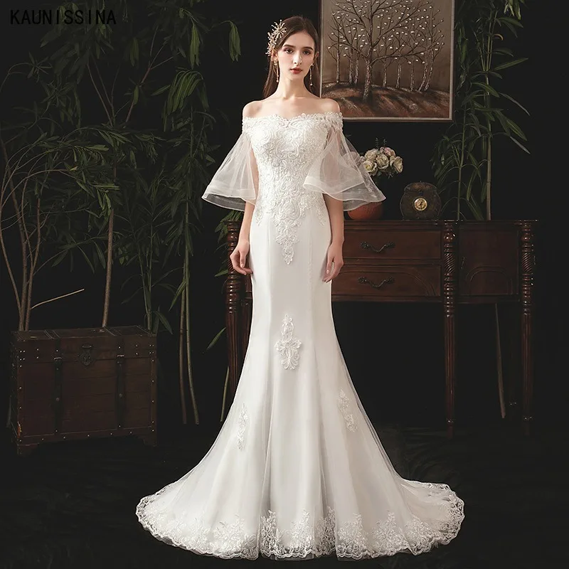 

Long Mermaid Wedding Dresses Elegant Off Shoulder Lace Embroidered Beading Bridal Dress Flare Sleeve Sweep Train Wedding Gowns