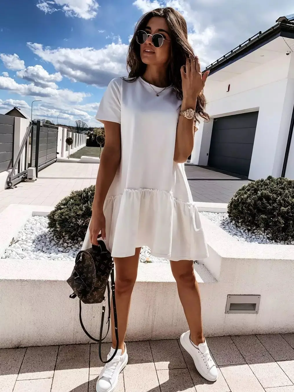 

European and American new style summer solid color short-sleeved home loose round neck ruffle dress women's clothing