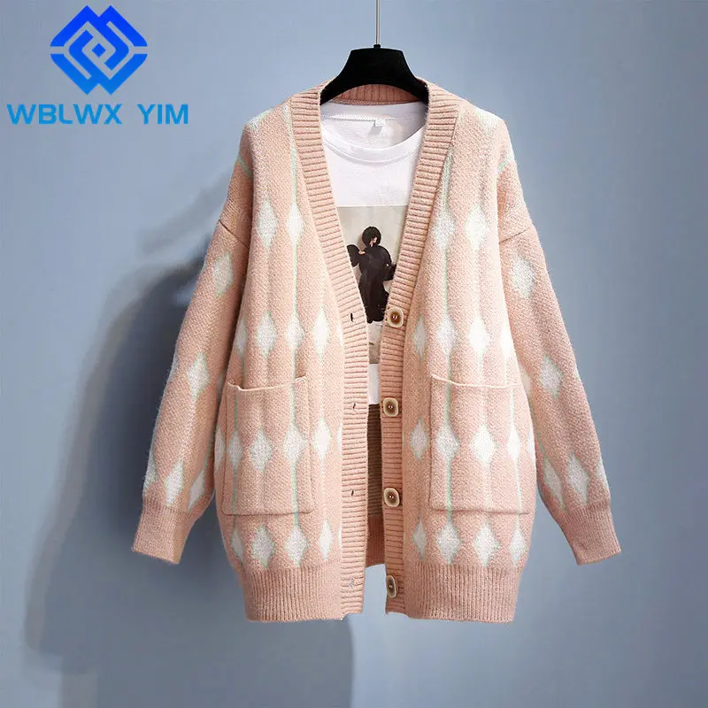 

Autumn Winter Thick Warm Knitted Sweater Jacket Women Fashion Big Pocket Cardigan Knit Coat Female V-Neck Loose Casual Sweaters