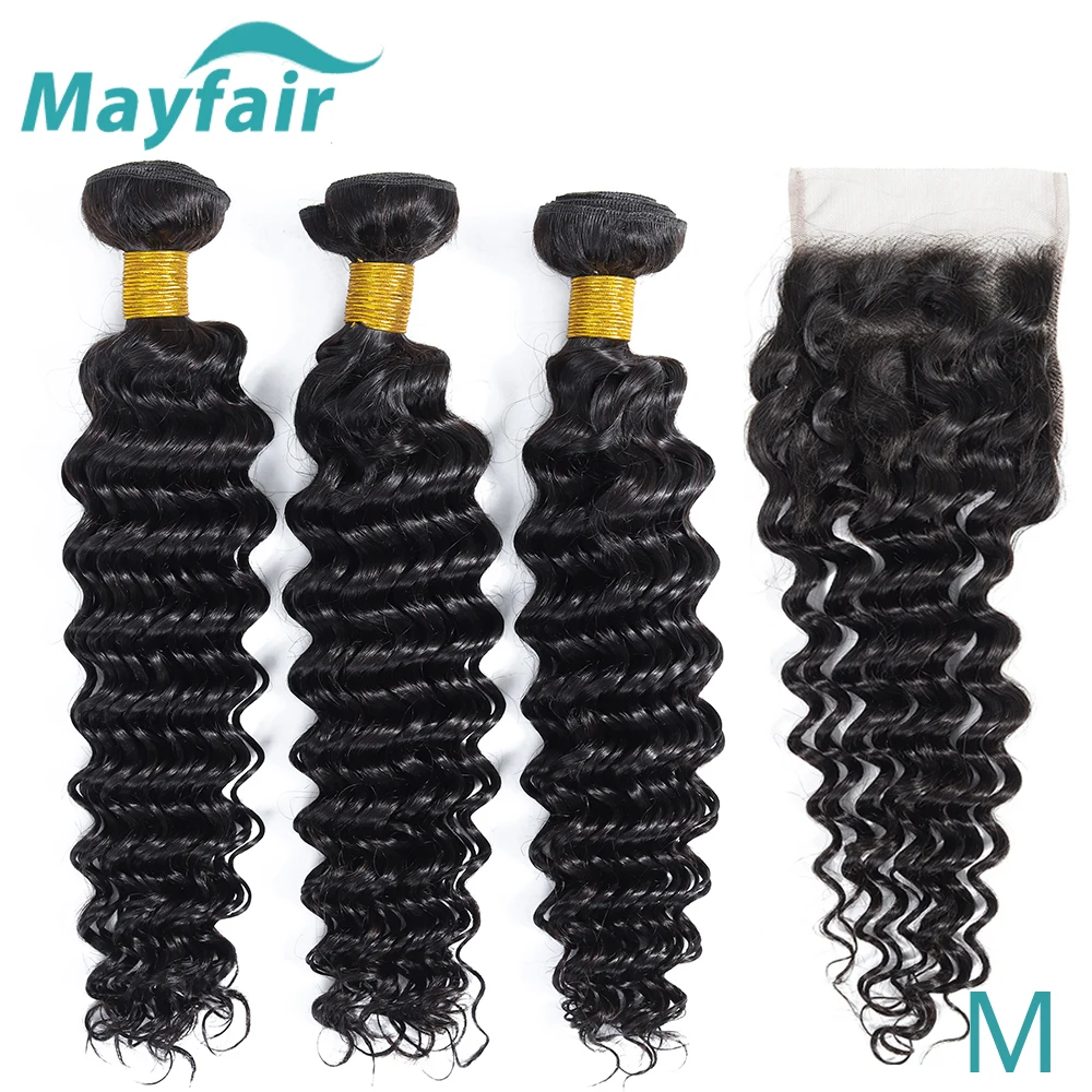 Перуанские пряди с глубокими волнами закрытием 3 Mayfair M не Реми 100% человеческие