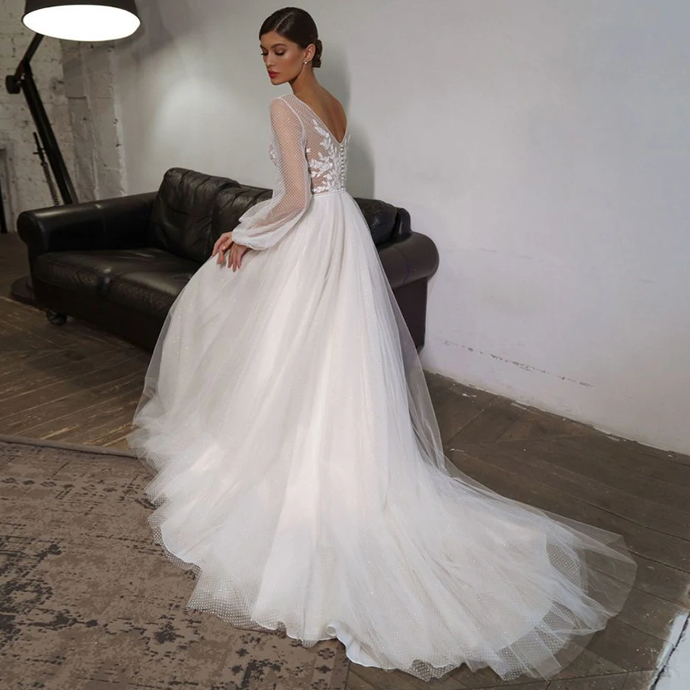 

Sexy V-Neck Wedding Dress Long Sleeve 2021 Elegant Court Train A-Line Tulle High Quality Lace Appliques Bridal Gowns