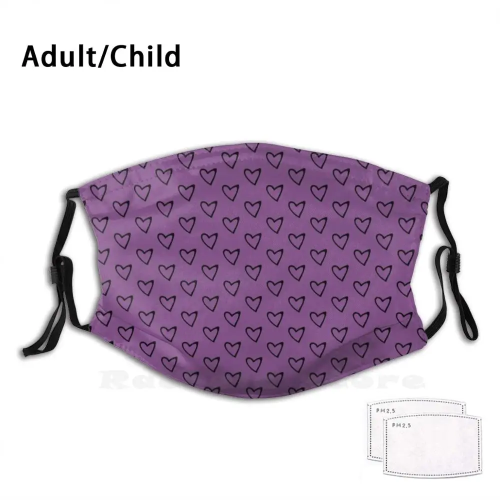 

Purple Minimal Slanted Black Hearts Doodle Adult Kids Anti Dust Filter Diy Mask Heart Black Heart Minimal Cute Trendy Girly