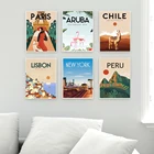 Дорожный плакат известного города, мультфильм, Нью-Йорк, Париж, Чили, Аруба, пейзаж, холст, живопись, настенное искусство, картины для декора гостиной