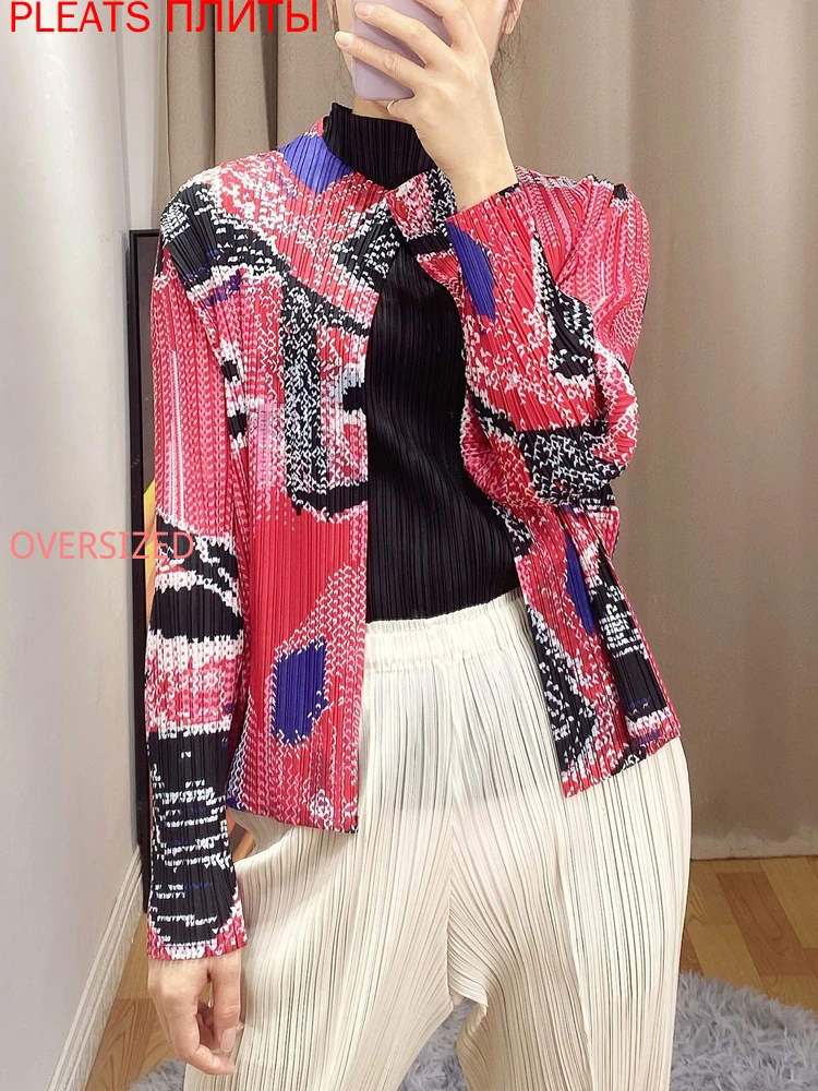 

Miyake/маленькая весенняя куртка с принтом, новый стиль, тонкий и универсальный женский кардиган на одной пуговице с длинными рукавами