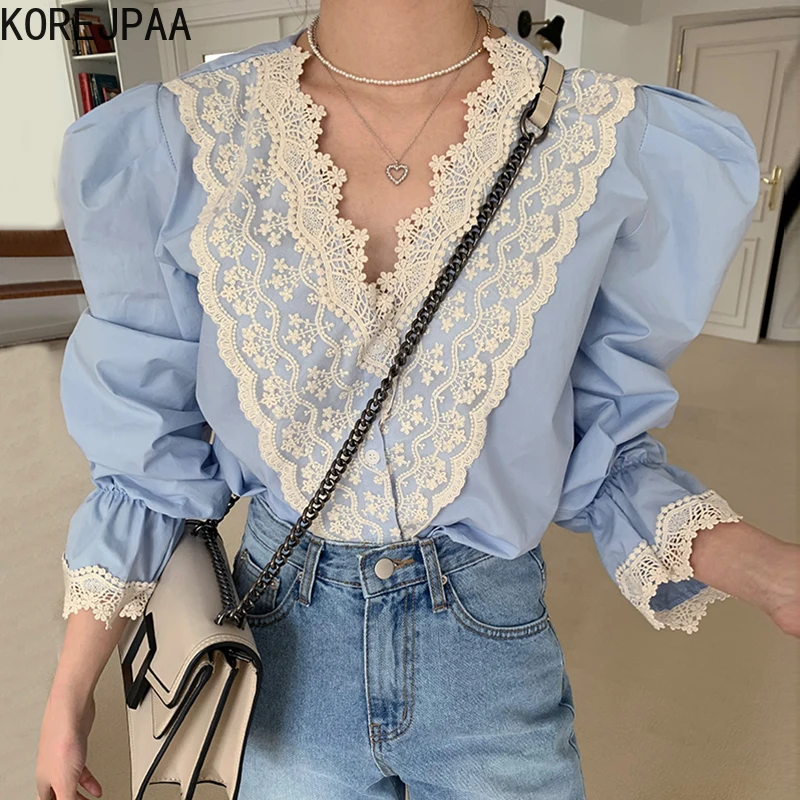 

Женская рубашка с кружевом и V-образным вырезом, в Корейском стиле