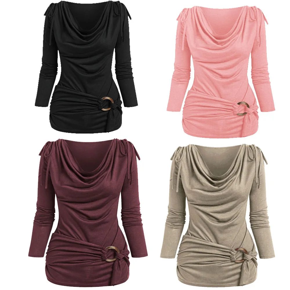 

Long Sleeve Cowl Neck O Ring Tees Form Fitting Casual Tunic Tops Blouse Crossover T-Shirt For Jeans Legging Pants