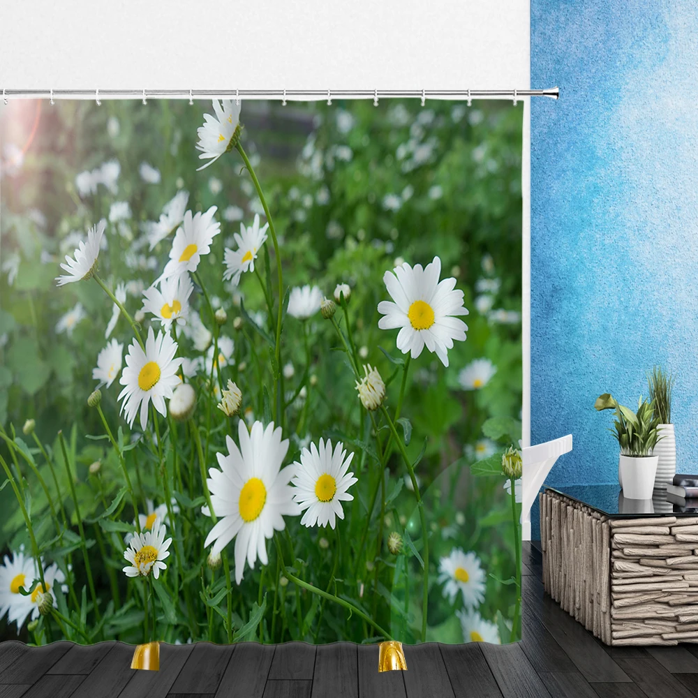 

Flowers Landscape Shower Curtains Yellow Pink White Green Plants 3D Waterproof Bathroom Decor Home Bathtub Polyester Curtain Set