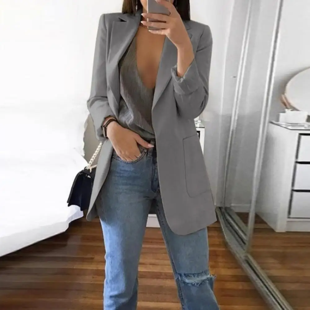 

Женский пиджак с карманами спереди, однотонный длинный офисный Блейзер, Лидер продаж 40%