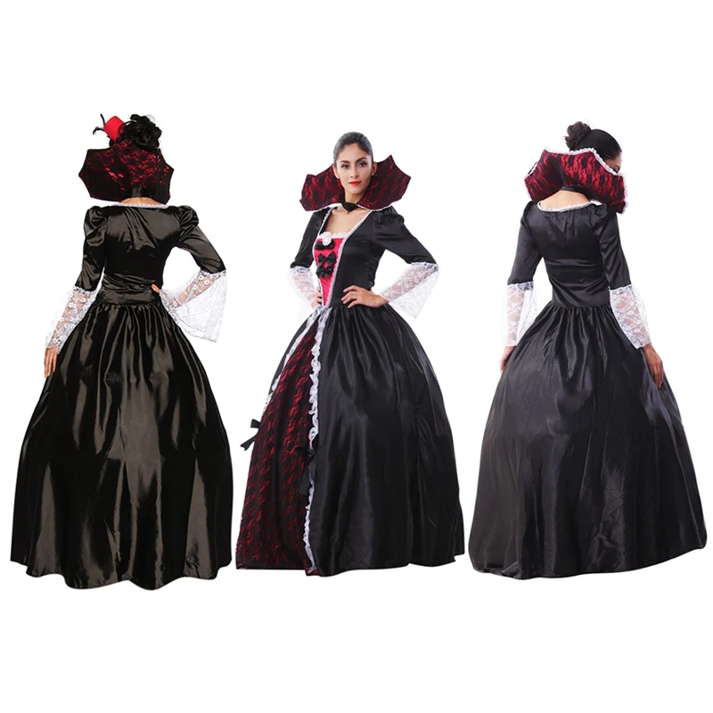 

Women Vintage Sexy Long Sleeve Lace Stitching Round Neck Casual Halloween Vampire Printed Long Dress Cosplay Performance Costume