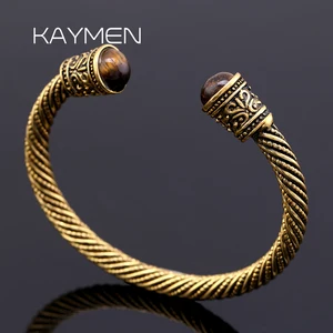 Винтажный Браслет-манжета Kaymen, унисекс, инкрустированный тигровым глазом, браслет Викинг
