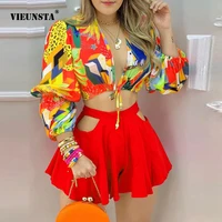 vintage gorgeous floral print summer women two piece set casual deep v neck lace up long sleeve tops and hollow out shorts suits